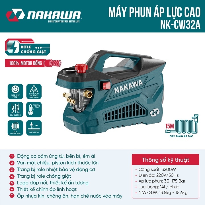 Máy xịt rửa xe 3200W NAKAWA NK-CW32A có chỉnh áp