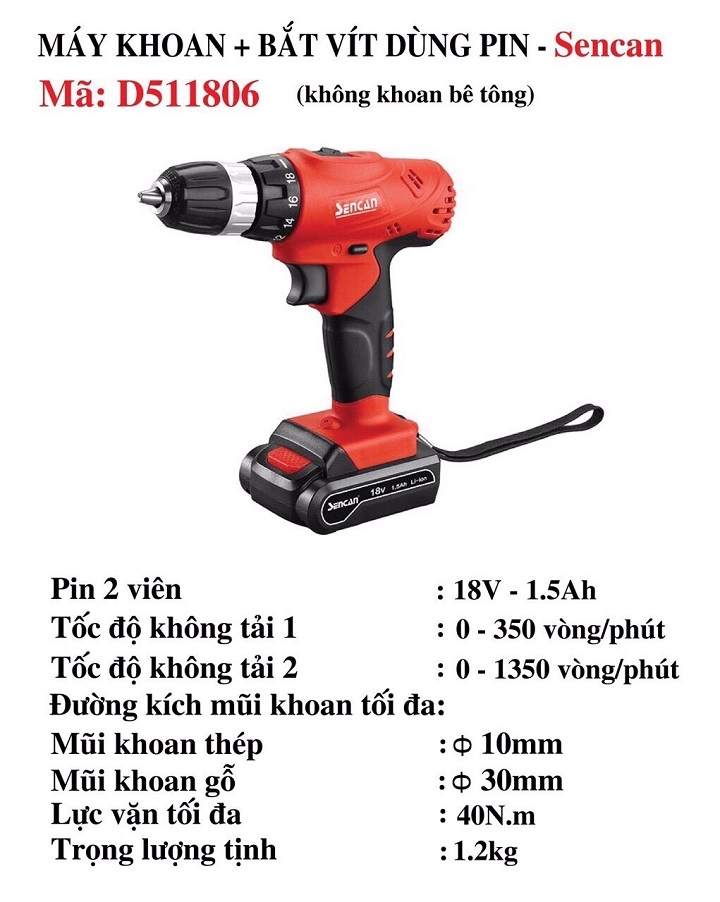 Máy khoan vặn vít dùng pin 18V SENCAN D511806