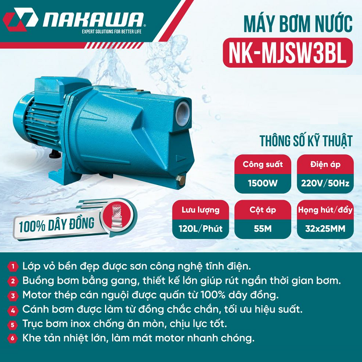 Máy bơm nước chân không NAKAWA 1500W NK-MJSW3BL