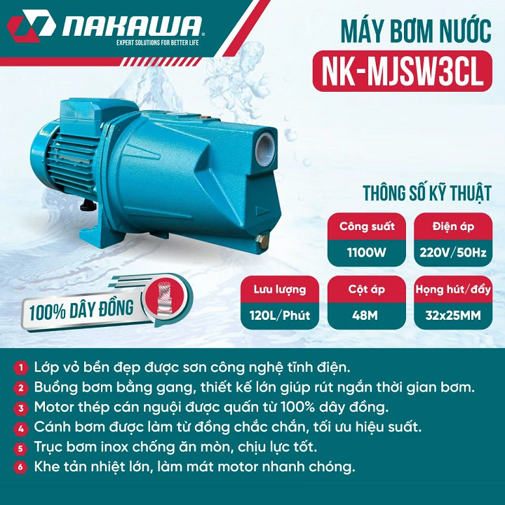 Máy bơm nước chân không NAKAWA 1100W NK-MJSW3CL