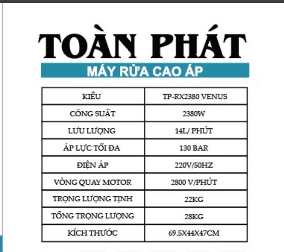 Máy Rửa Xe Áp Lực Cao 2380W Toàn Phát TP-RX2380 VENUS