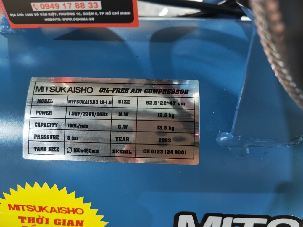 Máy nén khí không dầu MITSUKAISHO 1.5HP 12L MITSUKAISHO 12-1.5