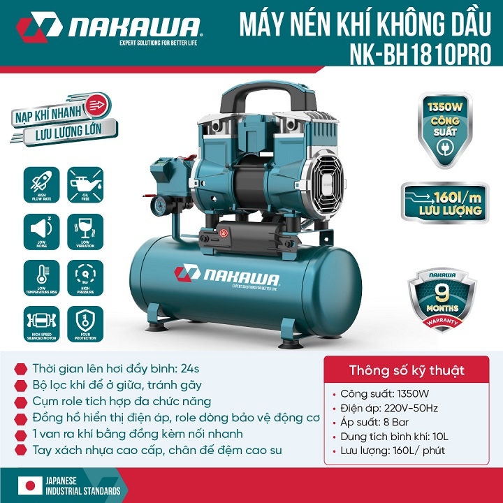 Máy nén khí không dầu NAKAWA 1350W NKBH1810PRO 10L
