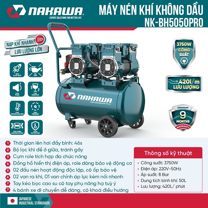Máy nén khí không dầu NAKAWA 3750W NKBH5050PRO 50L
