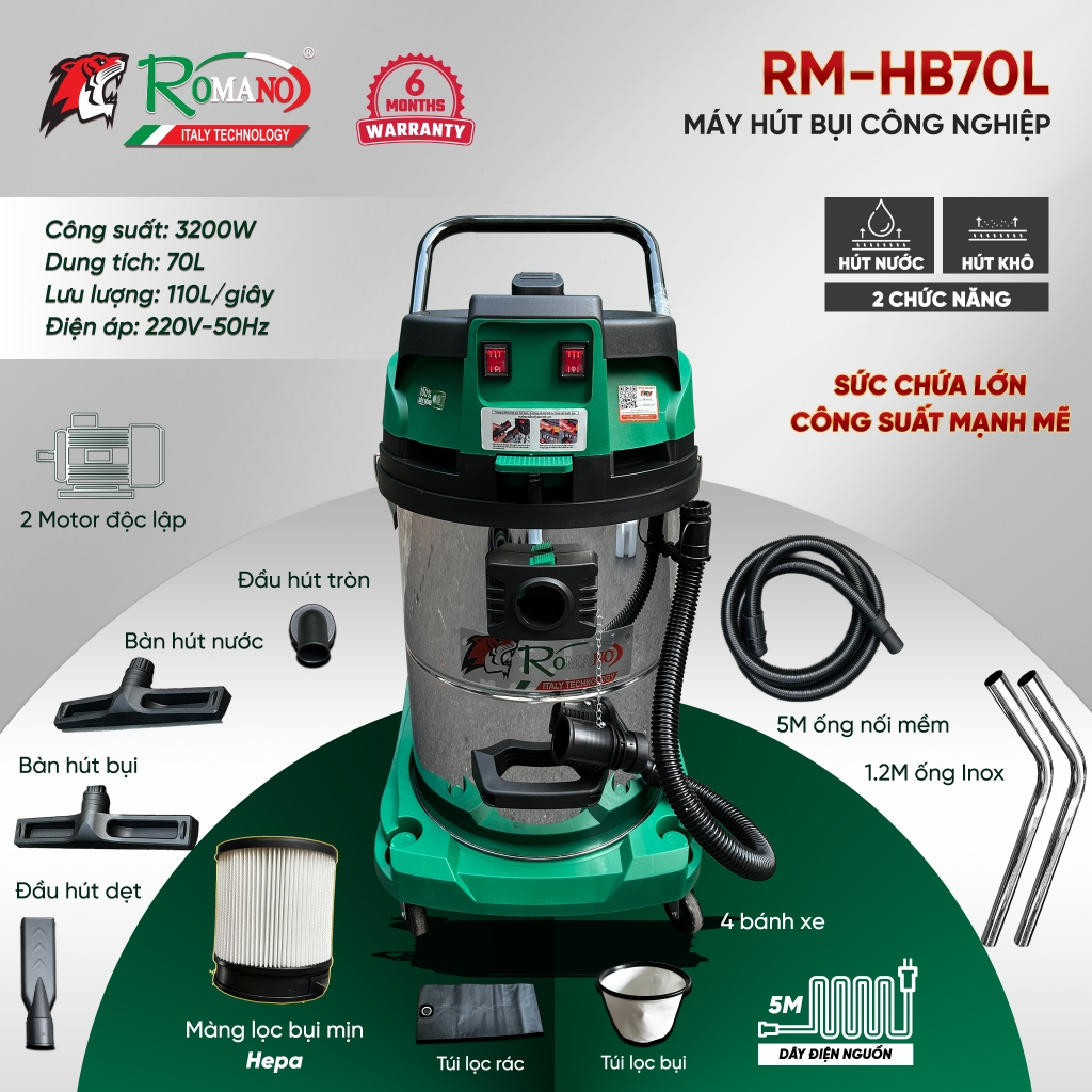 Máy Hút Bụi Công Nghiệp Romano 3200W 70L RMHB-70L Khô Ướt