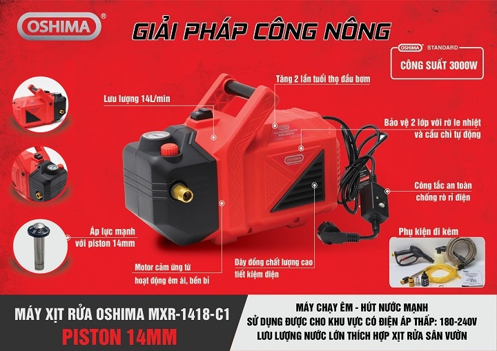 Máy xịt rửa Oshima MXR-1418-C1 3.0KW Đỏ Điện 1 pha