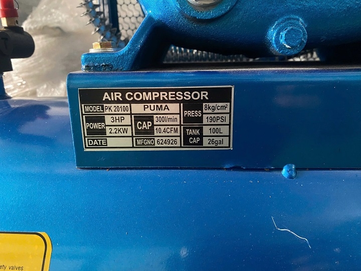 Máy nén khí dây đai Puma 3HP 100L PK 20100 1 pha