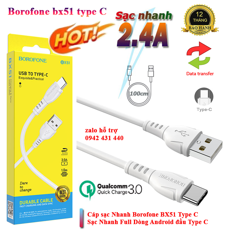 [SE10]Cáp sạc Borofone bx51 type c chính hãng bảo hành 12 tháng