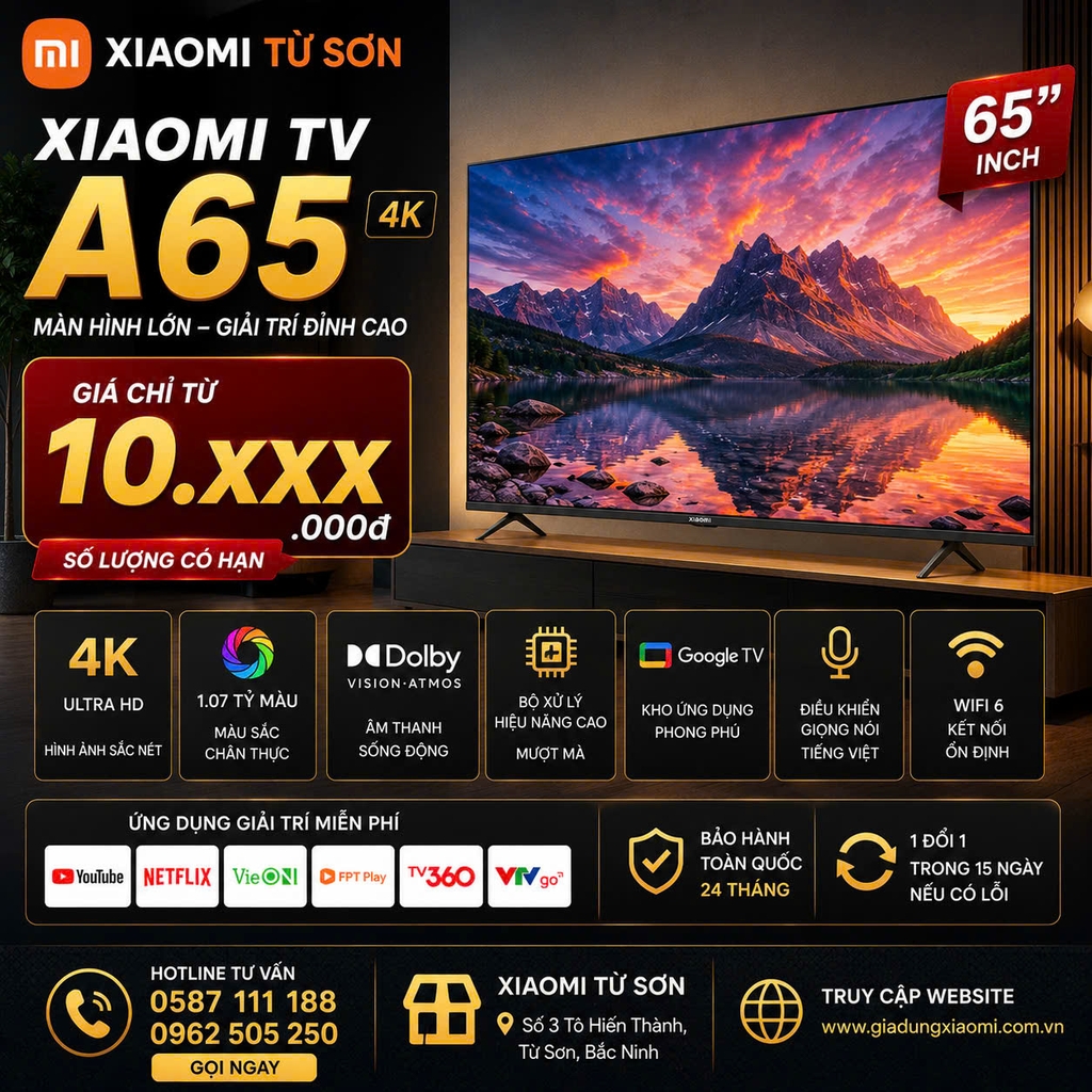 Tivi Xiaomi A 65 inch 4K  2026 – Bản Quốc Tế