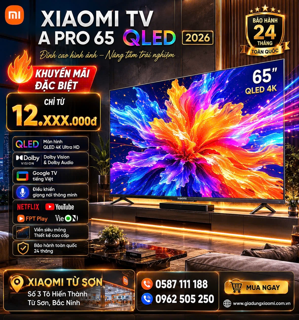 Tivi Xiaomi A Pro 65 Inch – 2026 Bản Quốc Tế – QLED 4K/60Hz – 2GB/8GB