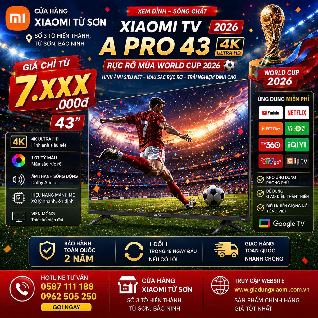 Tivi Xiaomi A Pro 43 Inch – 2026 Bản Quốc Tế – QLED 4K/60Hz – 2GB/8GB
