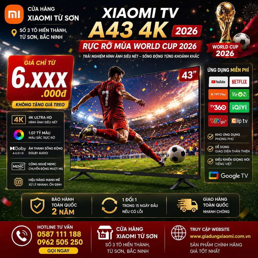 Google Tivi Xiaomi A43 inch 2026 4K|60Hz|2GB|8GB – Chính hãng Quốc Tế
