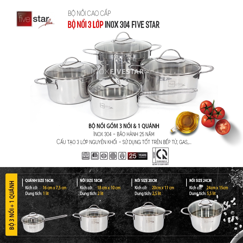 Bộ nồi 4 chiếc 3 lớp inox 304 nắp kính
