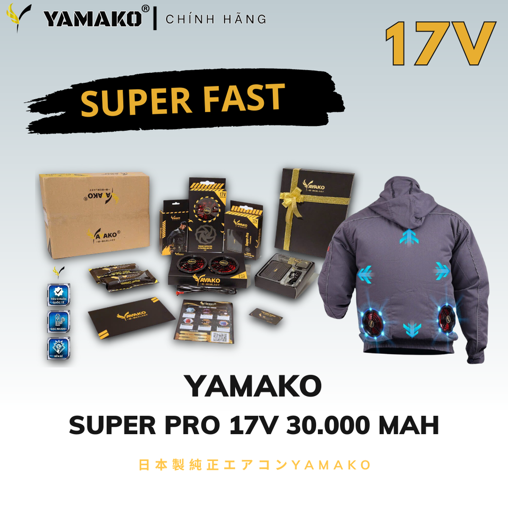 Bộ Áo quạt điều hoà Yamako Super Pro 17V 30.000MAH màu GHI TỐI