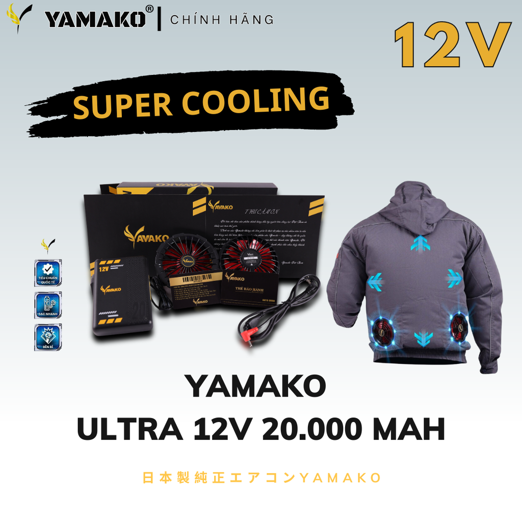 Bộ Áo quạt điều hoà Yamako Super Cooling 12V - 20.000MAH màu GHI TỐI