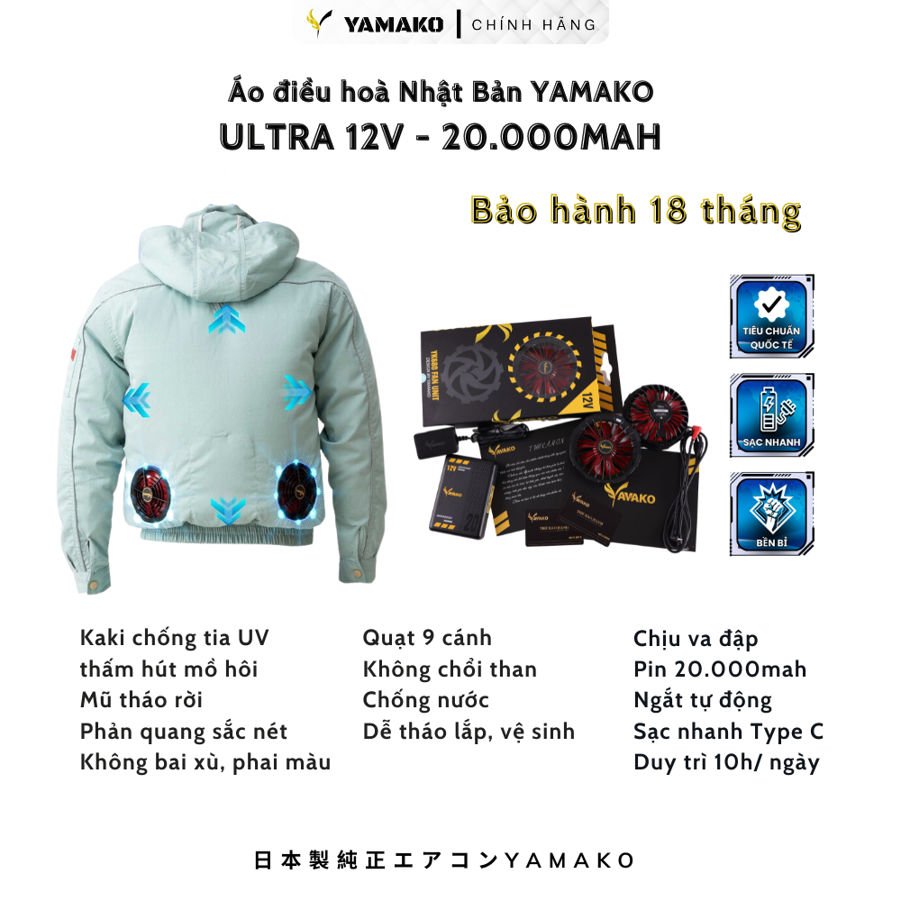 Bộ Áo quạt điều hoà Yamako Super Cooling 12V - 20.000MAH màu XANH NGỌC