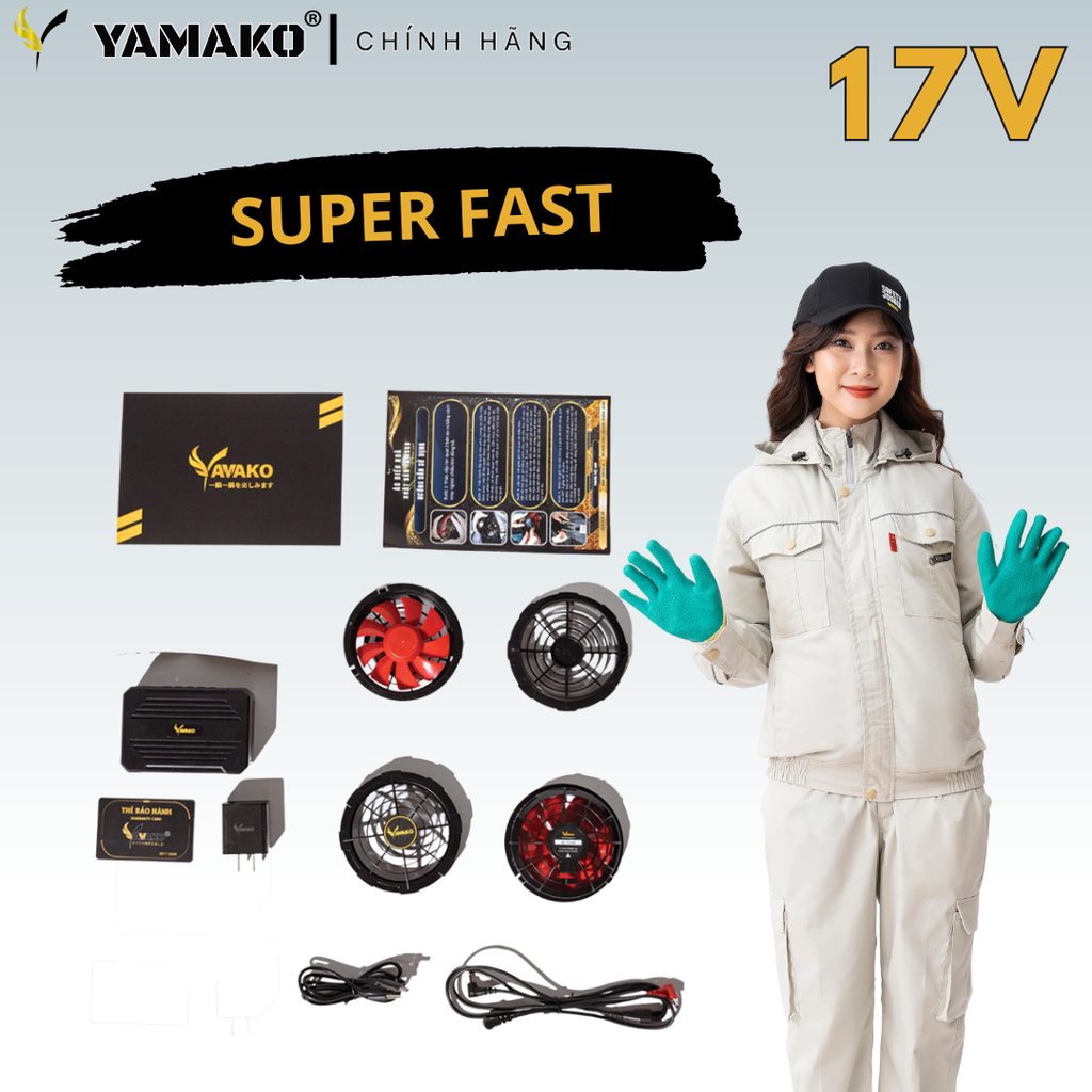 Bộ Áo quạt điều hoà Yamako Super Pro 17V 30.000MAH màu GHI SÁNG - TRẮNG