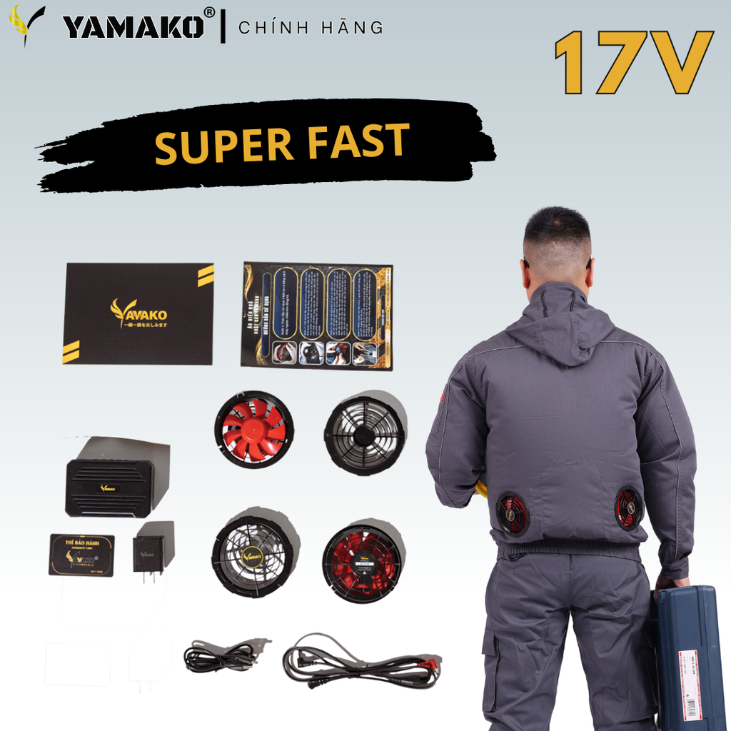 Bộ Áo quạt điều hoà Yamako Super Pro 17V 30.000MAH màu GHI TỐI