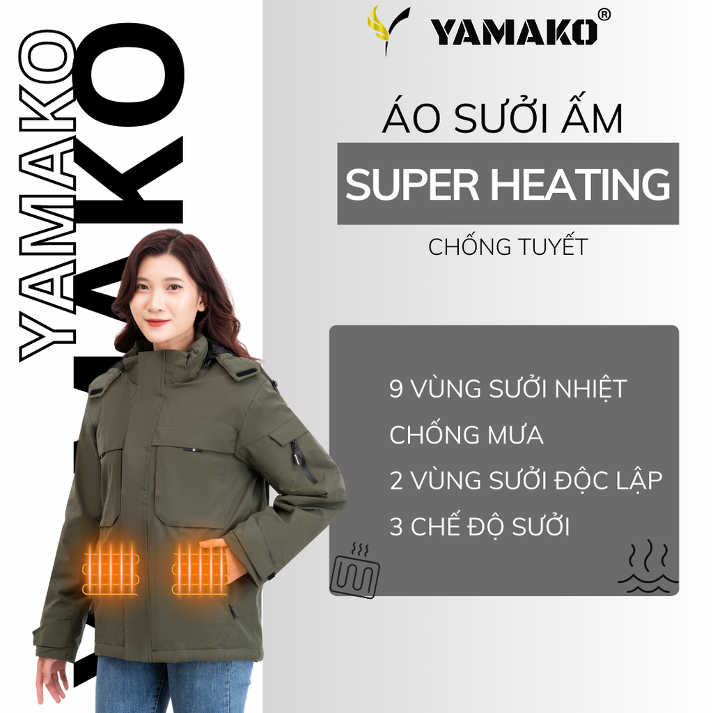 Áo sưởi ấm Super Heating  Yamako Nhật Bản Y5 Pin khủng 10.000 MAH siêu bền mèu RÊU