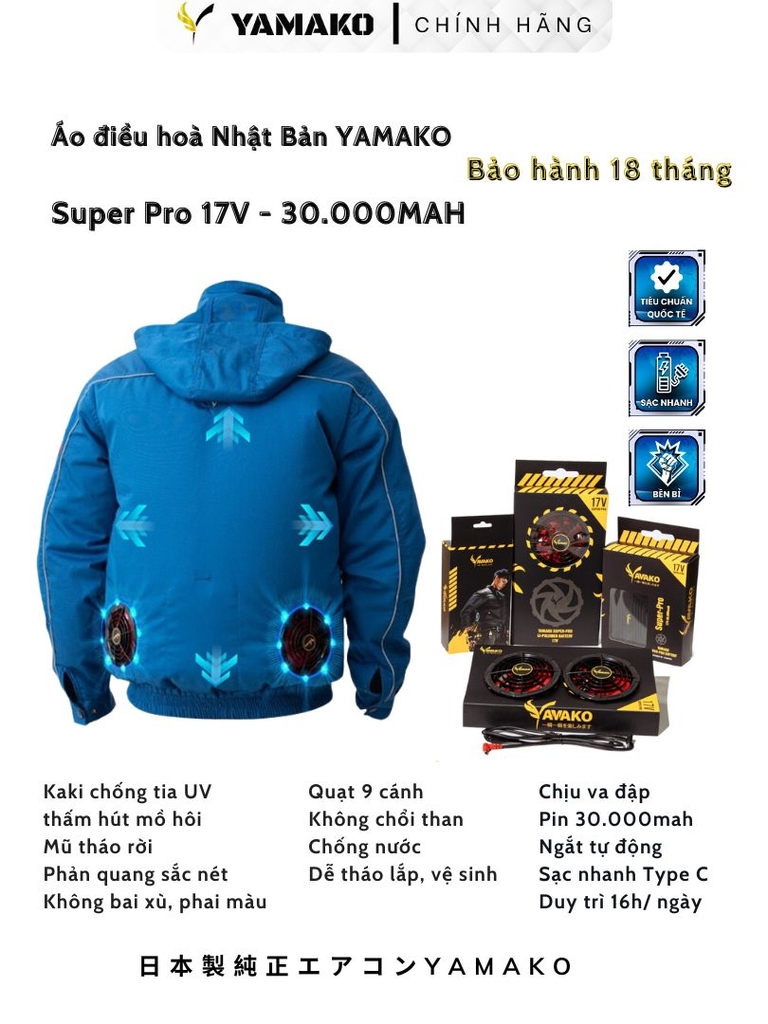 Bộ Áo quạt điều hoà Yamako Super Pro 17V 30.000MAH màu XANH DK