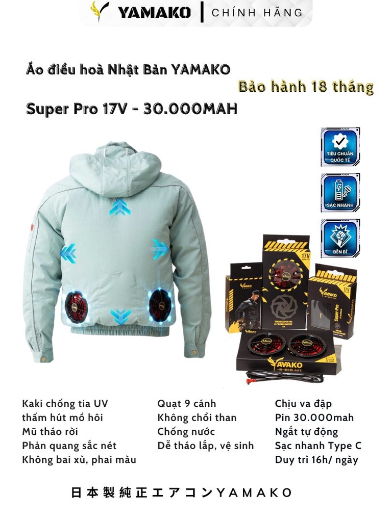 Bộ Áo quạt điều hoà Yamako Super Pro 17V 30.000MAH màu XANH NGỌC