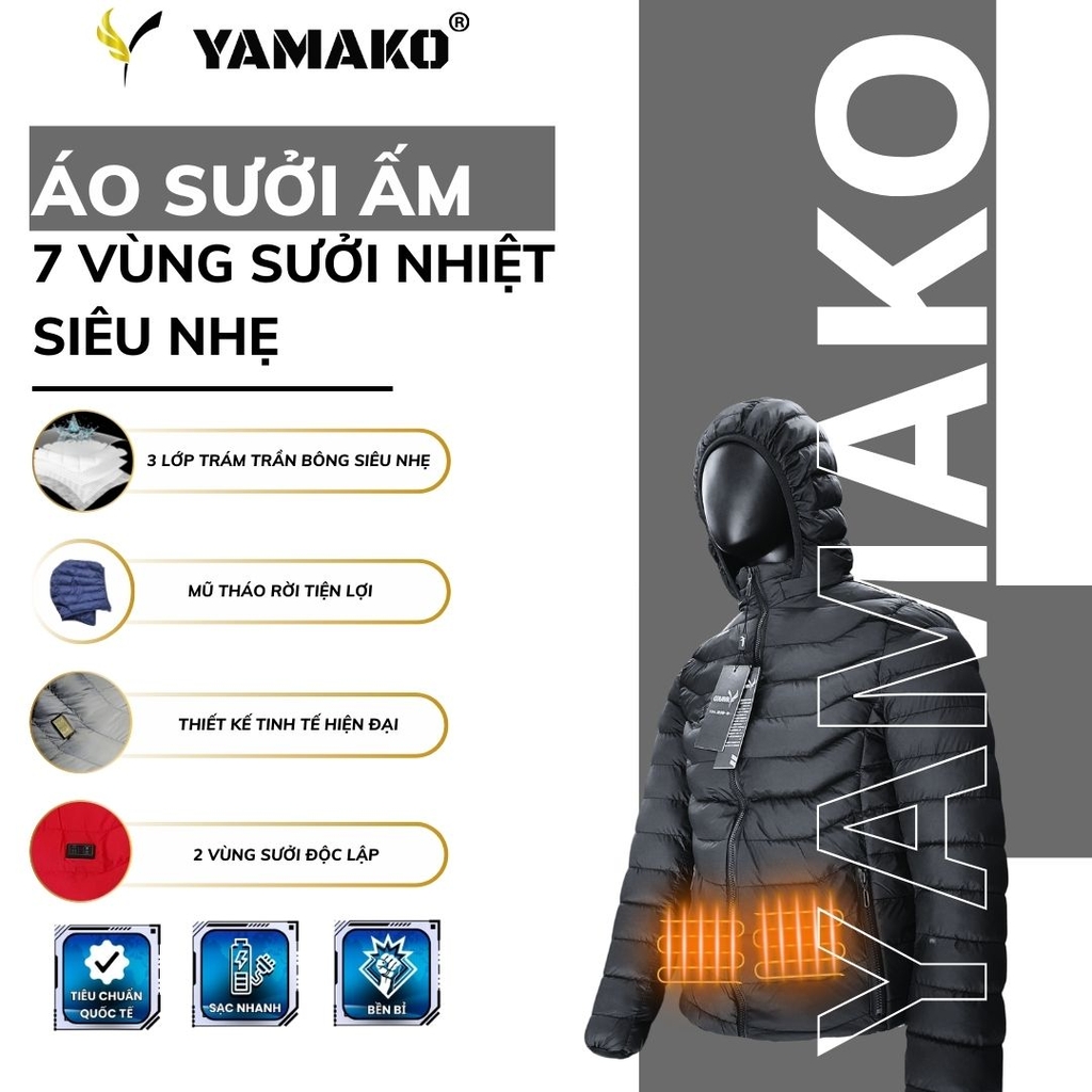 Áo Sưởi ấm YAMAKO 7 vùng sưởi ấm Siêu Nhẹ Super Gentle màu Đen