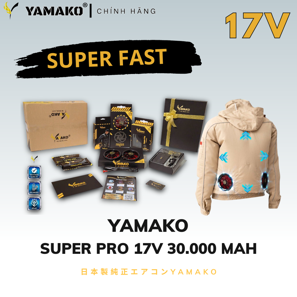Bộ Áo quạt điều hoà Yamako Super Pro 17V 30.000MAH màu BE VÀNG