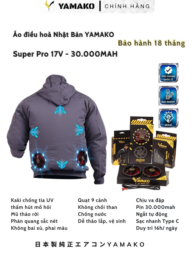 Bộ Áo quạt điều hoà Yamako Super Pro 17V 30.000MAH màu GHI TỐI