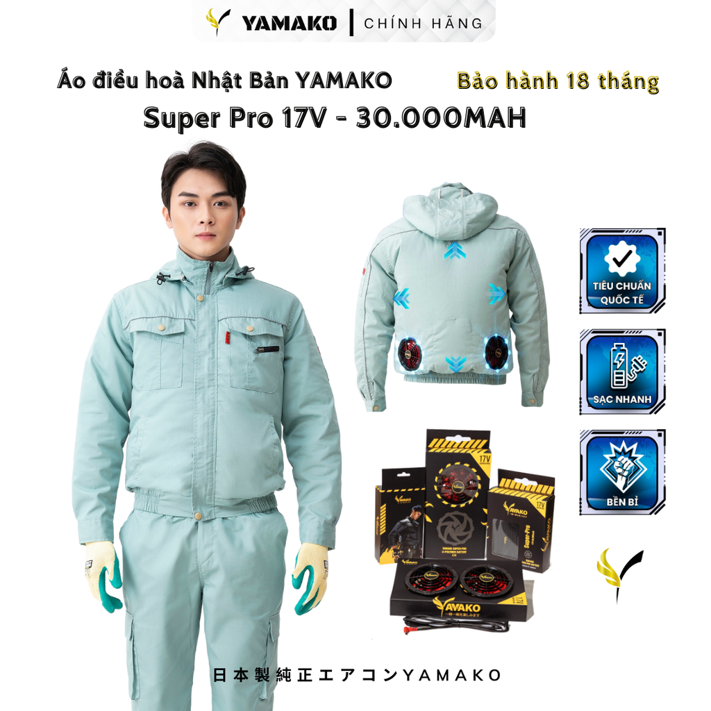 Bộ Áo quạt điều hoà Yamako Super Pro 17V 30.000MAH màu XANH NGỌC
