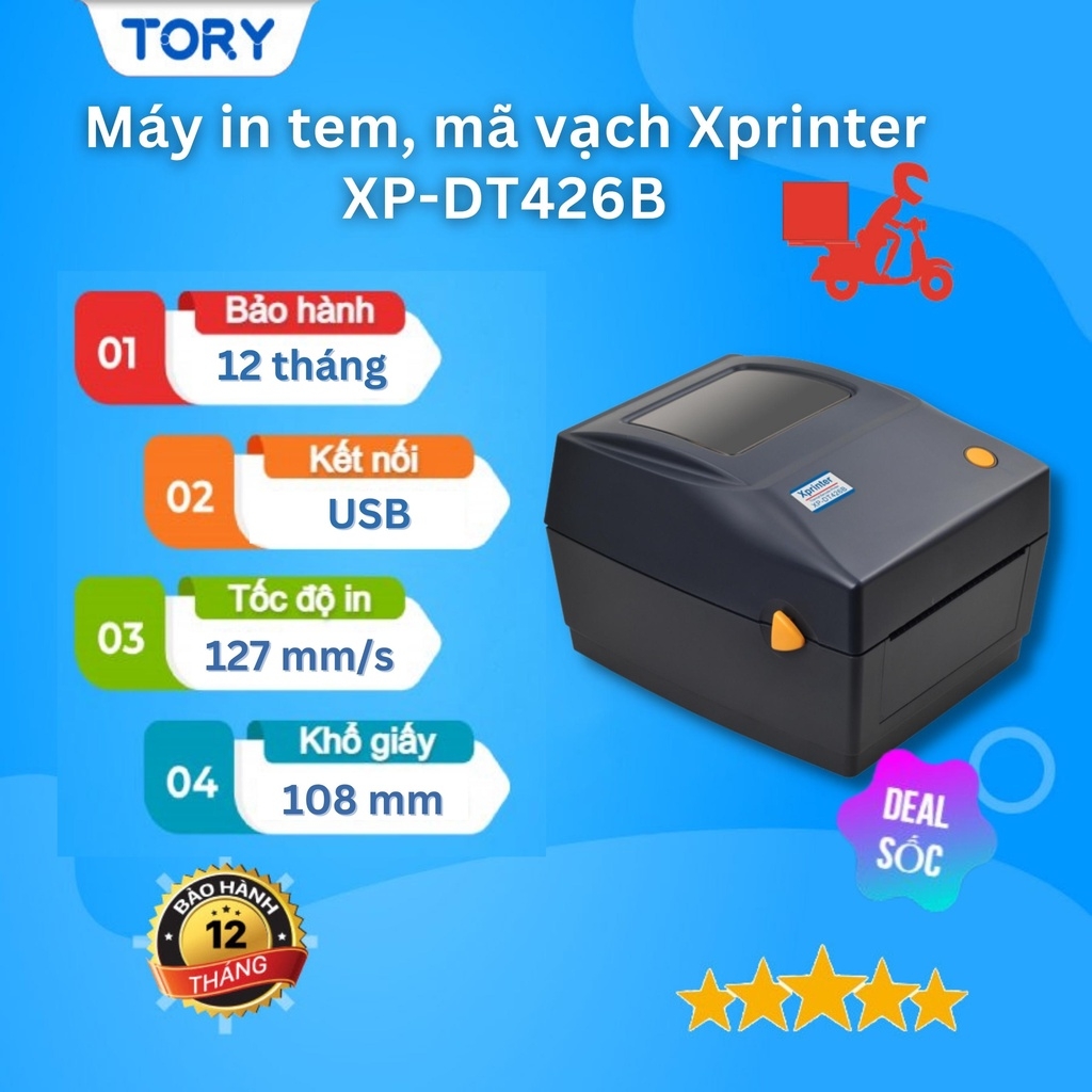 Máy in mã vạch, tem nhãn, decal, hàng chính hãng Xprinter XP-DT426B khổ 110mm (kết nối USB)