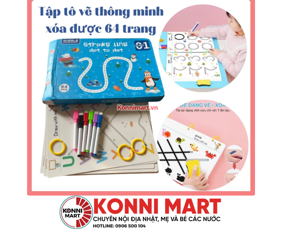 Bộ tập tô, nối chữ và nét vẽ cơ bản tập viết thông minh xoá được Line Dot to Dot