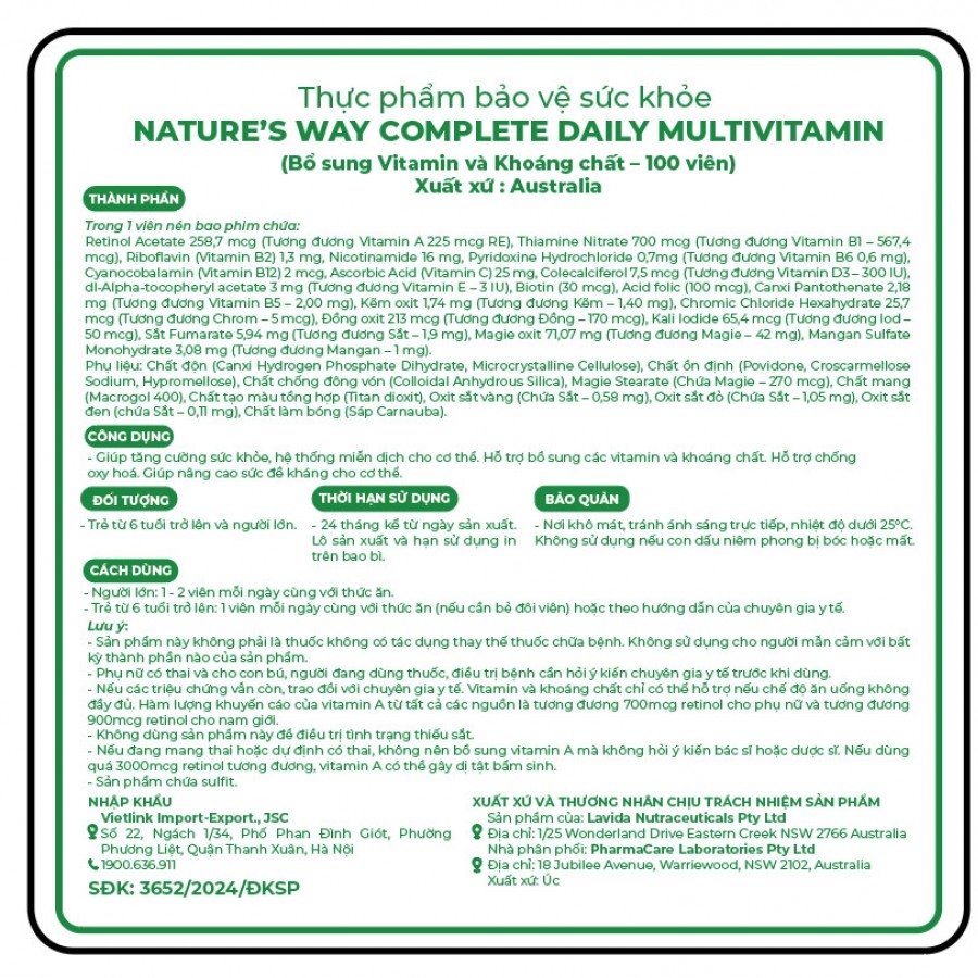 Viên bổ sung Vitamin và khoáng chất Multivitamin Nature’s Way Complete Daily ( Hộp 100 viên)  9314807082659