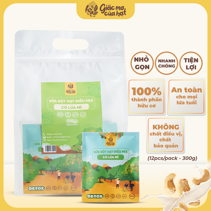 Bột sữa hạt điều cỏ lúa mì 300gr TÚI 12x25gr - Giấc mơ của hạt -