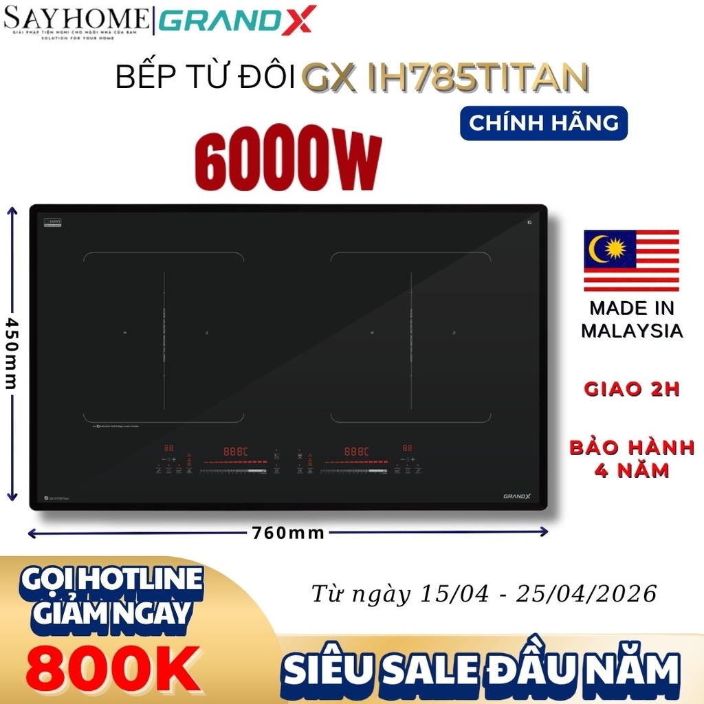 Bếp từ đôi GRANDX GX IH785TITAN Series 7 - Bảo hành chính hãng 4 năm
