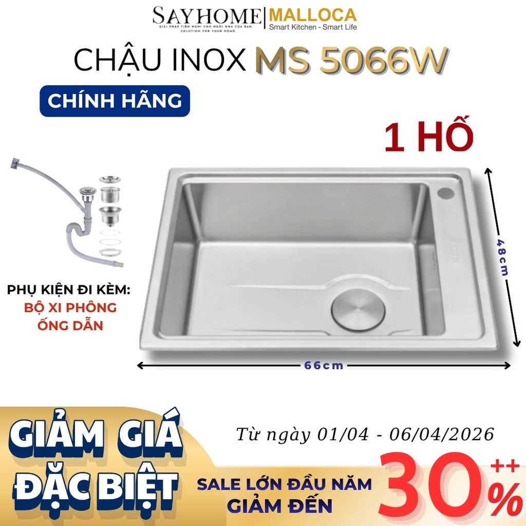 Chậu rửa chén bát 1 hố inox 304 MALLOCA MS 5066W - Chính hãng