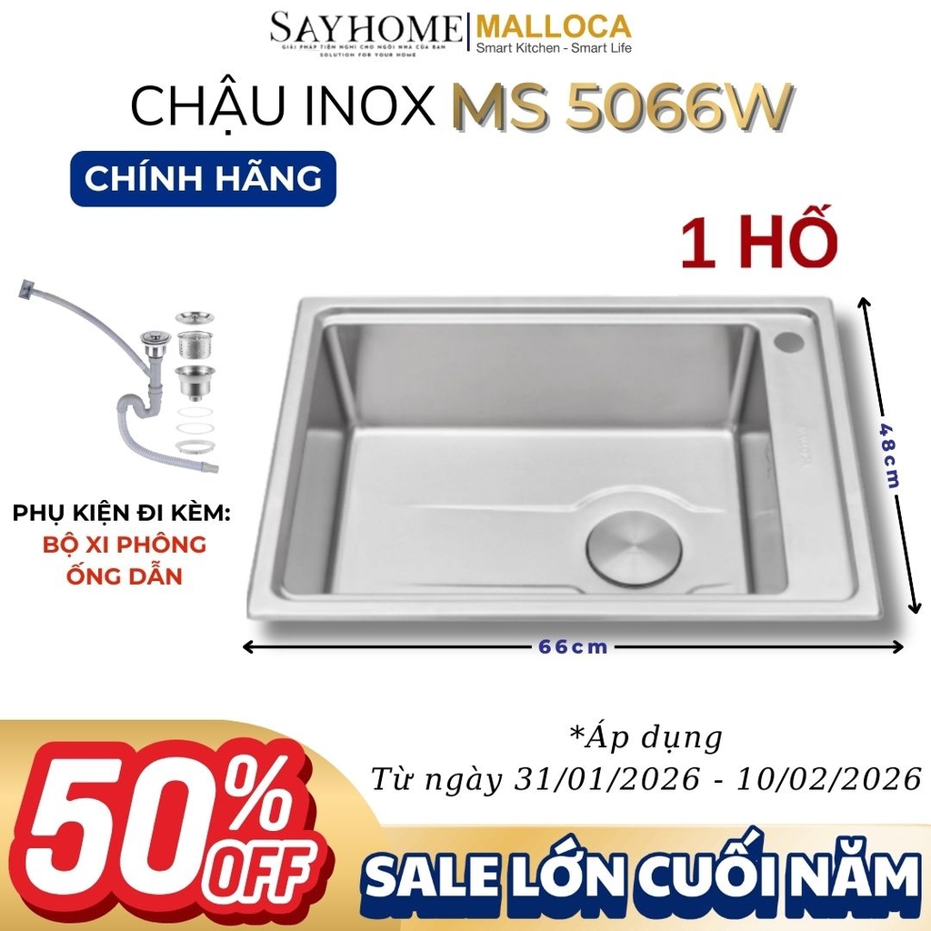 Chậu rửa chén bát 1 hố inox 304 MALLOCA MS 5066W - Chính hãng