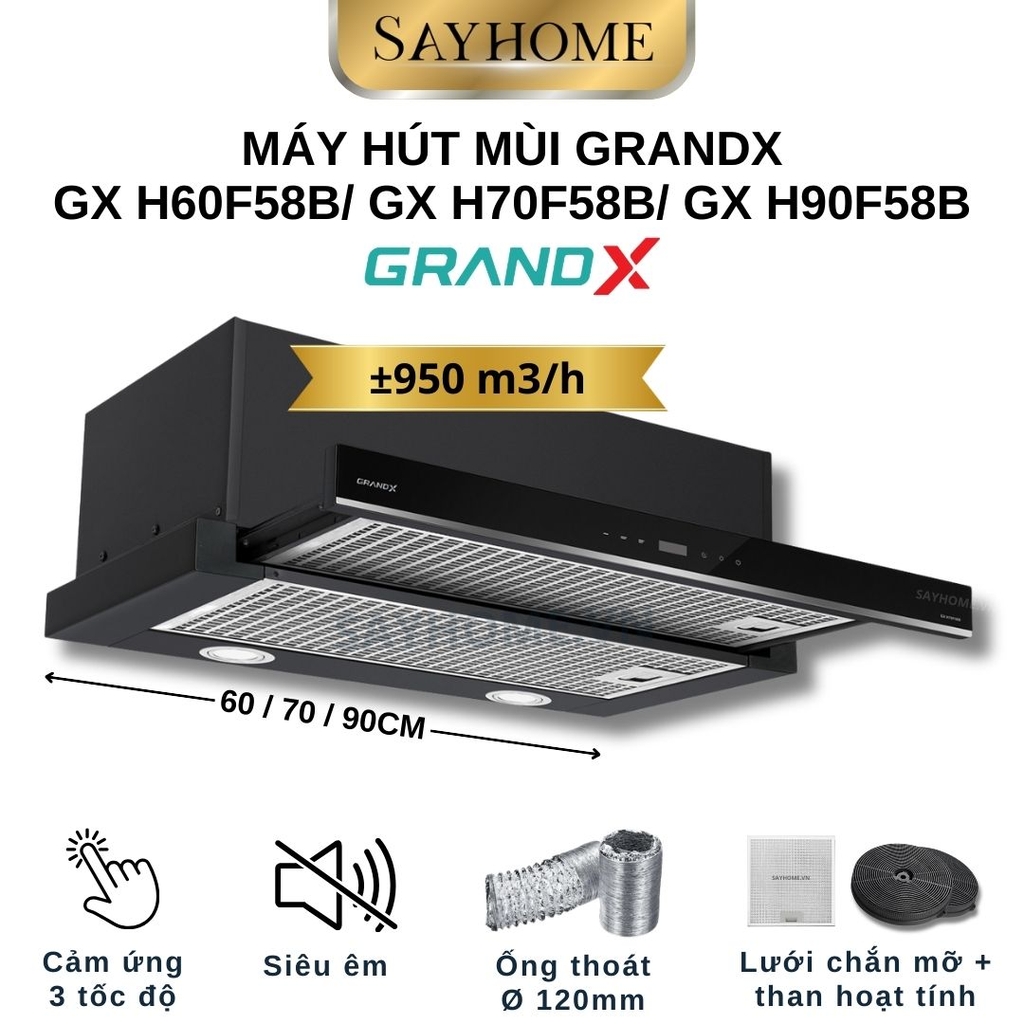 Máy hút mùi GrandX GX H60F58B/ GX H70F58B/ GX H90F58B âm tủ, ray kéo - Hàng chính hãng