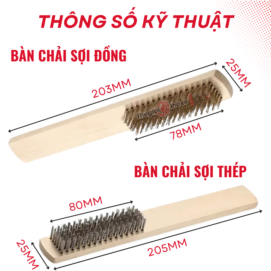 Bàn chải cán gỗ Sợi Thép/Sợi Đồng