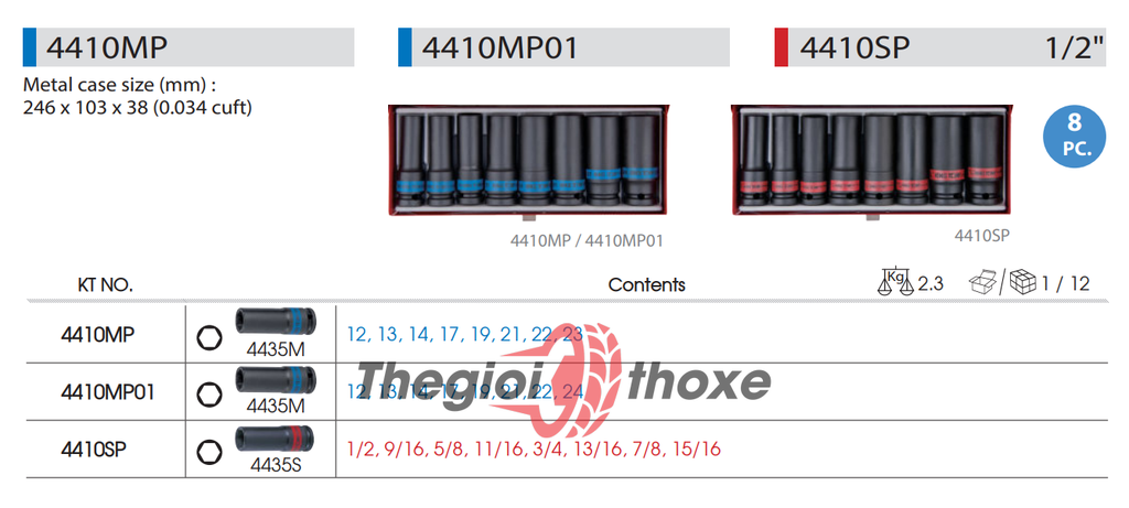 Bộ đầu tuýp dài 1/2 lục giác đen Kingtony 4410mp - 8 Chi tiết 12 , 13 , 14 , 17 , 19 , 21 , 22 , 23mm