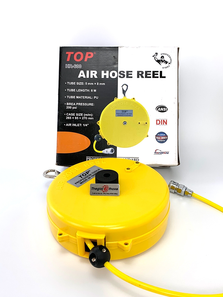 Cuộn dây hơi tự rút TOP-HR-600 (vỏ nhựa vàng) dài 7.5m phi 8