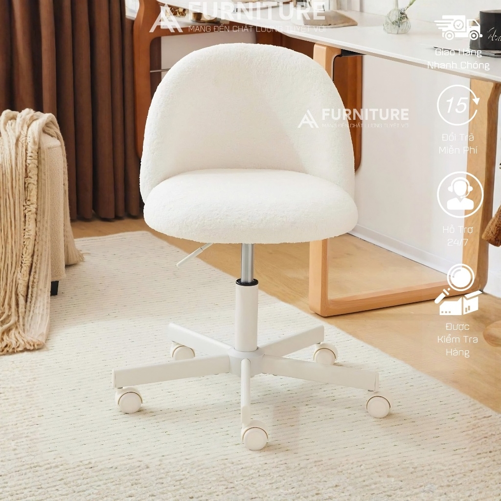 Ghế Trang Điểm Vải Lông Cừu Teddy Purple Hiện Đại Có Tựa Lưng, Ghế Bàn Làm Việc Thiết Kế Không Tay Vịn Dành Cho Nữ | TDY