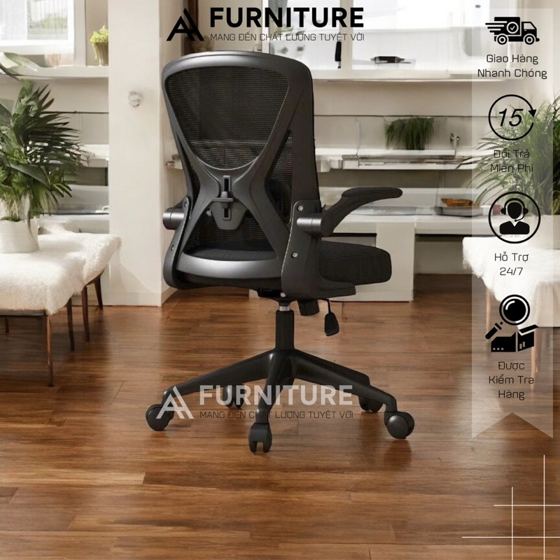 Ghế Xoay Làm Việc Văn Phòng Lưng Lưới Xoay Tròn 360 Độ Cao Cấp, Tay Ghế Tùy Chỉnh | 698 Black | Nội Thất Anh Hoàng