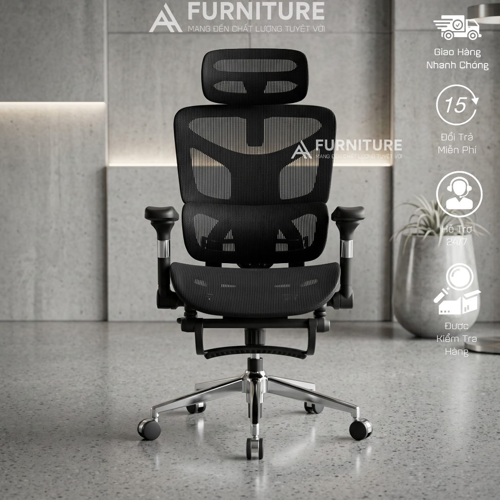Ghế Xoay Công Thái Học Model 905 Black, Gác chân, Tựa cổ, Tựa Lưng Thay Đổi Linh Hoạt Thiết Kế Bảo Vệ Cột Sống Ngả Lưng 145 Độ