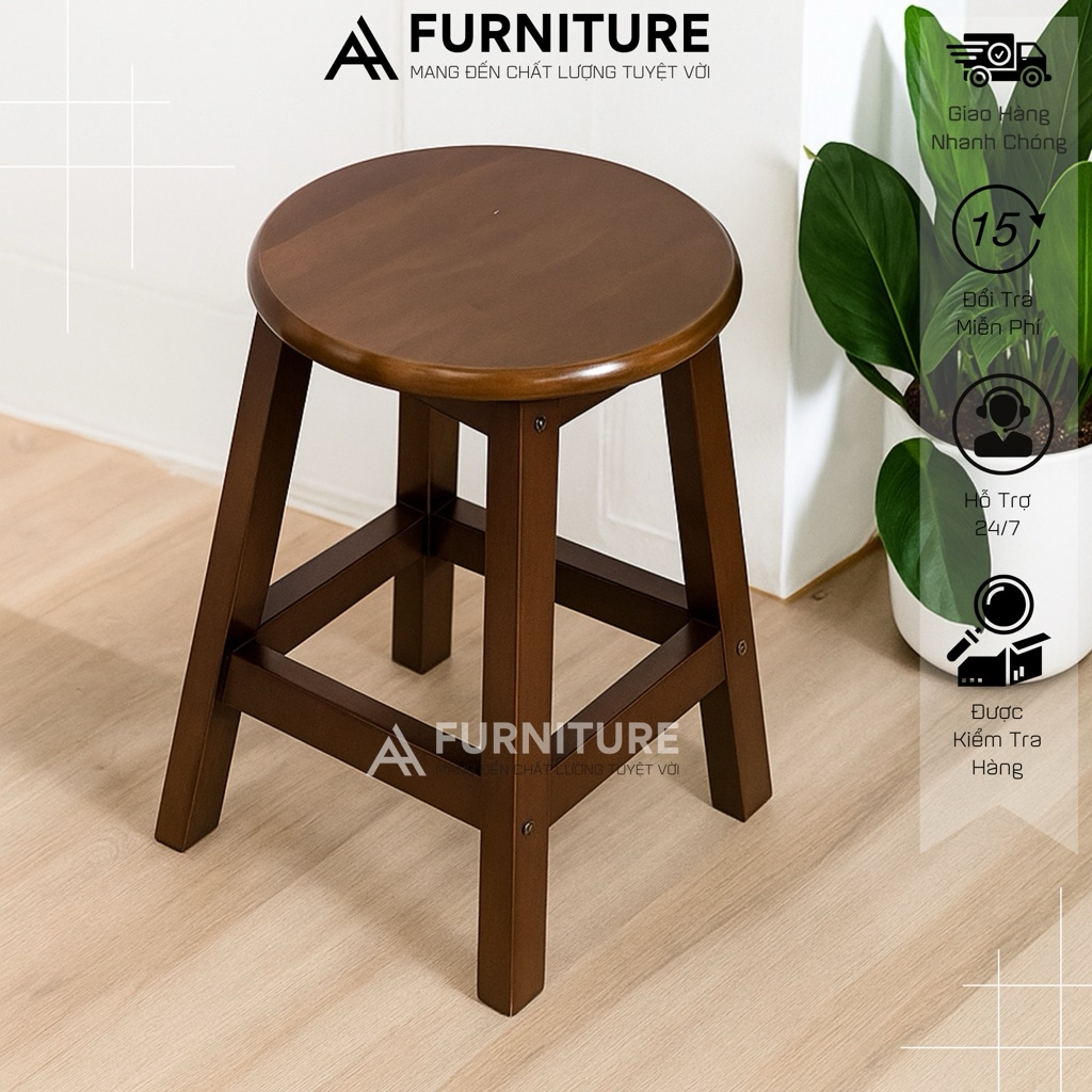 Ghế Gỗ Cao Su Tròn Cao 45cm Màu Tự Nhiên – Lắp Ráp Tiện Lợi, Nhẹ Gọn, Đa Năng | Nội Thất Anh Hoàng