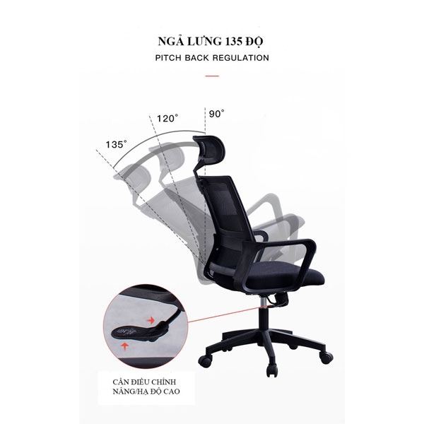 Ghế Xoay Văn Phòng Lưng Lưới Thoáng Khí Có Tựa Đầu Điều Chỉnh | 5004 | Nội Thất Anh Hoàng