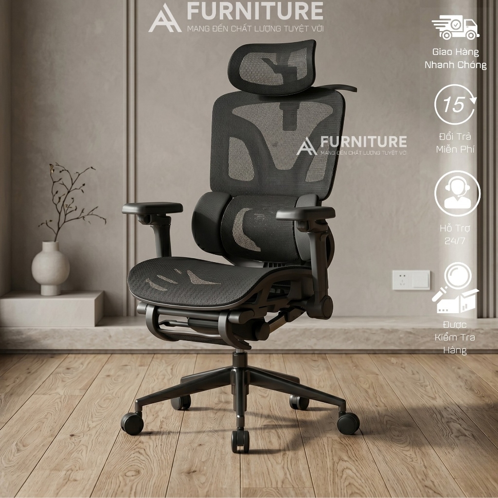Ghế Công Thái Học E18 Black Có Gác Chân - Ghế Xoay Văn Phòng Lưng Lưới Ngả 145 Độ Chống Đau Lưng