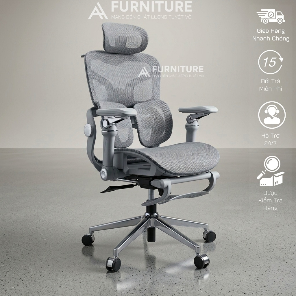 Ghế Văn Phòng Công Thái Học Cao Cấp Tanji 621 Pro Grey - Tựa Lưng 2D, Mâm Trượt, Lưng Nâng Hạ, Tay 6D, Ngả Lưng, Gác Chân