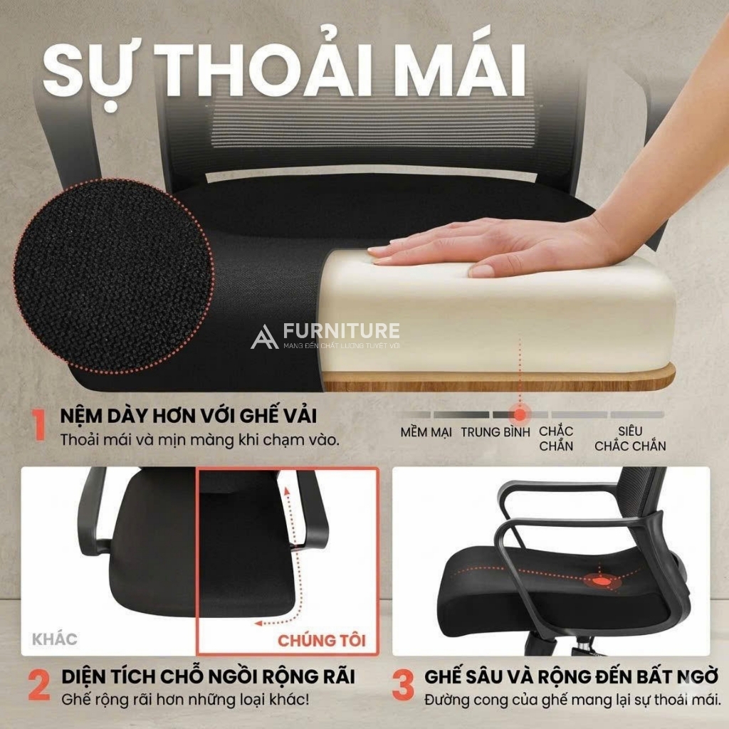 Ghế Xoay Văn Phòng 360 Độ Tay Cố Định Vững Chắc, Thiết Kế Tinh Tế Tối Giản Đệm Dày | 801 Black | Nội Thất Anh Hoàng