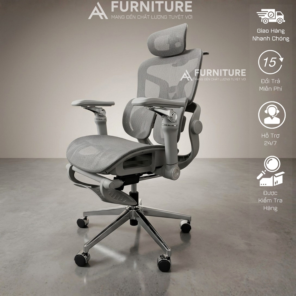 Ghế Văn Phòng Công Thái Học Cao Cấp Tanji 621 Pro Grey - Tựa Lưng 2D, Mâm Trượt, Lưng Nâng Hạ, Tay 6D, Ngả Lưng, Gác Chân