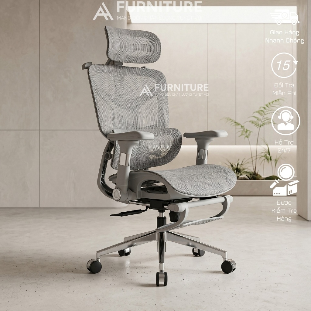 Ghế Xoay Công Thái Học Model 905 Grey, Gác chân, Tựa cổ, Tựa Lưng Thay Đổi Linh Hoạt Thiết Kế Bảo Vệ Cột Sống Ngả Lưng 145 Độ
